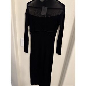 Bardot Aperol Knit Midi Dress Women's L Black Sheer Mesh Panels Long Sleeve Zip~